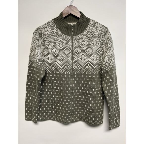 Vintage Full Zip Sweater Women Small Wool Blend Folk Nordic Fair Isle Sage Green - Picture 5 of 11